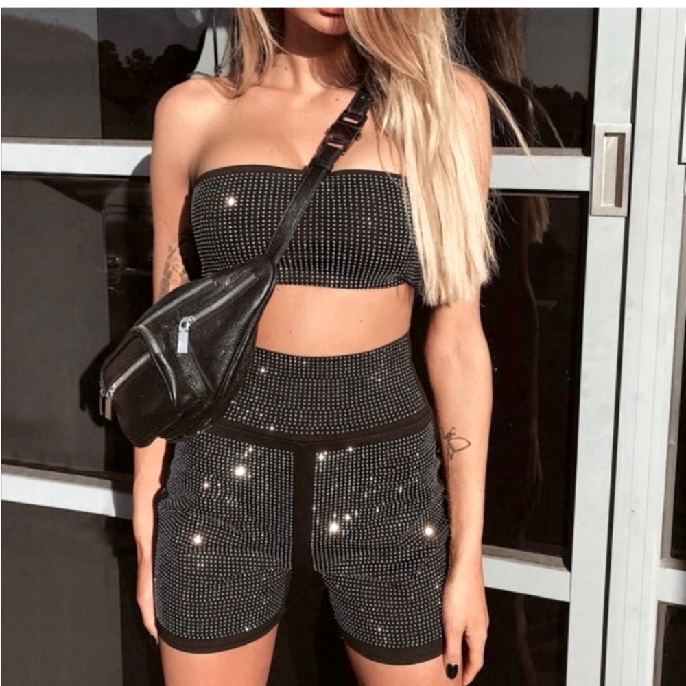 I AM GIA Black Rhinestone Aurora Bandeau Top Fit Like a Size Medium (Tag Large)